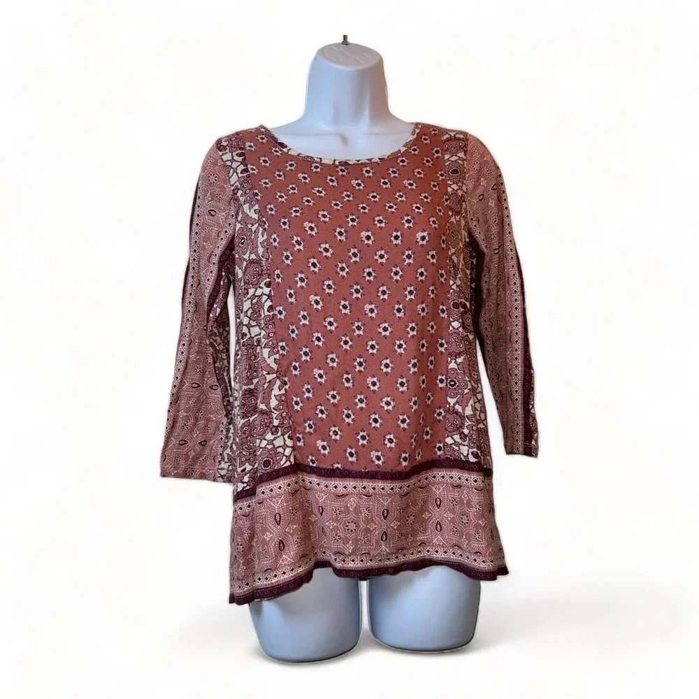 Lucky Brand Womens Boho Pink Floral Blouse Sz S Peasant Bohemian Slit Cowgirl
